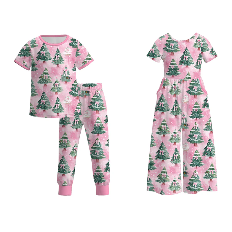 Custom moq 5 each style eta 6-7weeks baby girl clothes Christmas trees pink short sleeve pant sets and jumpsuit