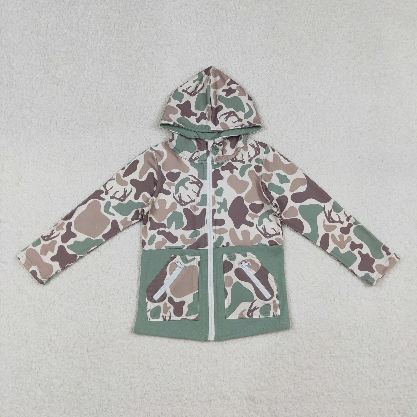 RTS NO MOQ(In Stock) BT1335 Hooded long-sleeved top with zippered pockets and antler brown and green camouflage pattern
