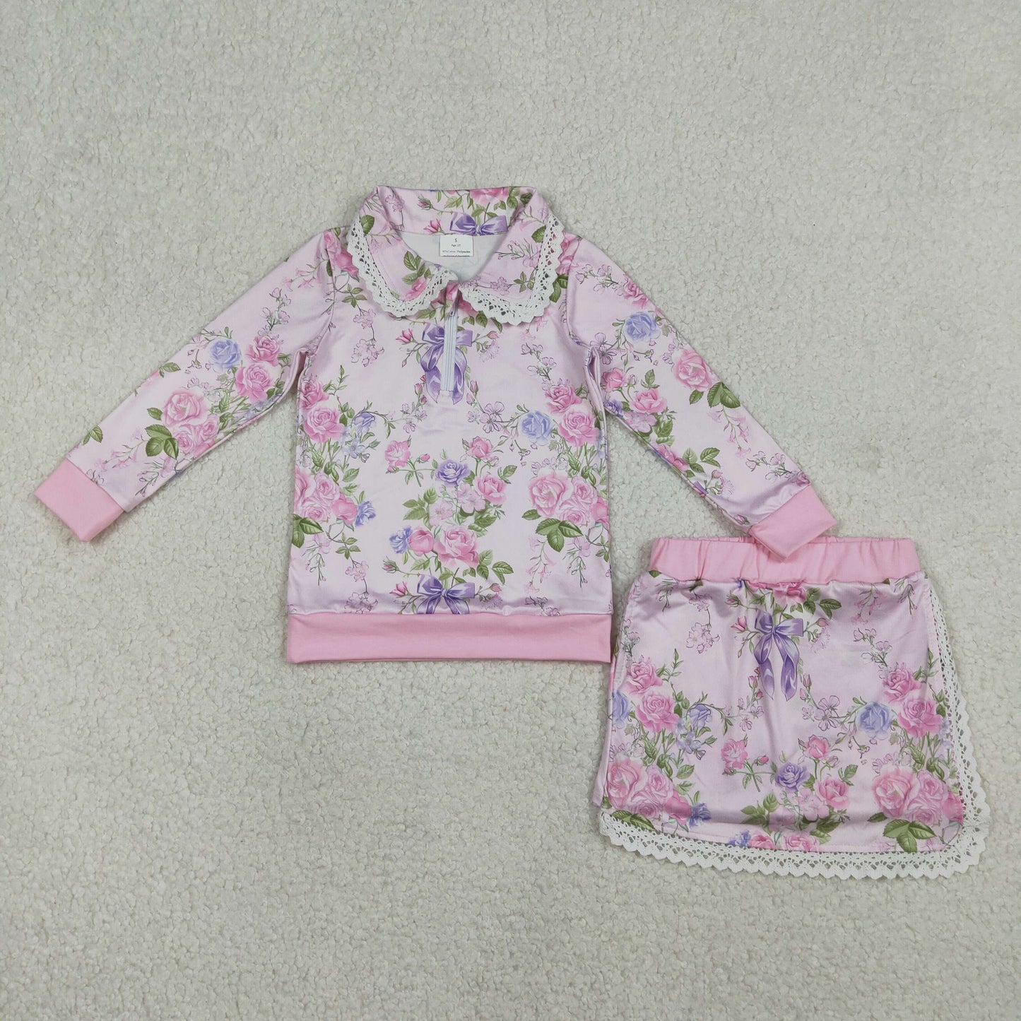 RTS NO MOQ(In Stock) GLD1572 Pink Zipper Long-Sleeve Midi Skirt Set with Floral and Leaf Peter Pan Collar