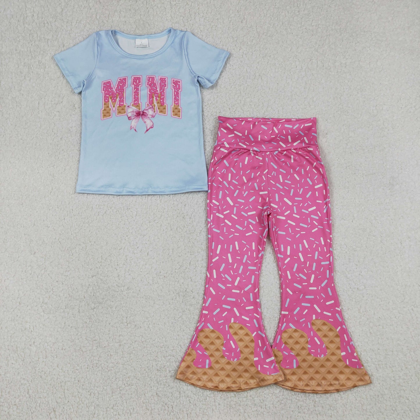 RTS NO MOQ(In Stock) MINI Bow Blue Short-Sleeve Rose Red Waffle Ice Cream Pants Set