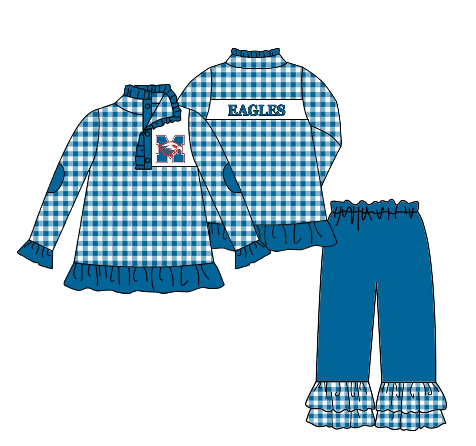 Custom moq 8 mix size eta 6-8weeks Blue girls' long-sleeved trousers jacket and bow tie suit