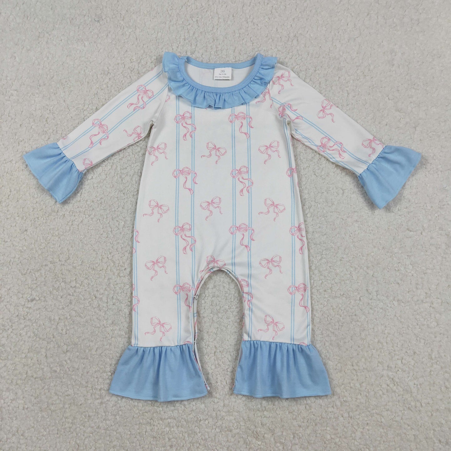 RTS NO MOQ(In Stock ) Pink Bow Pattern Blue Vertical Stripe White Long-Sleeve Jumpsuit