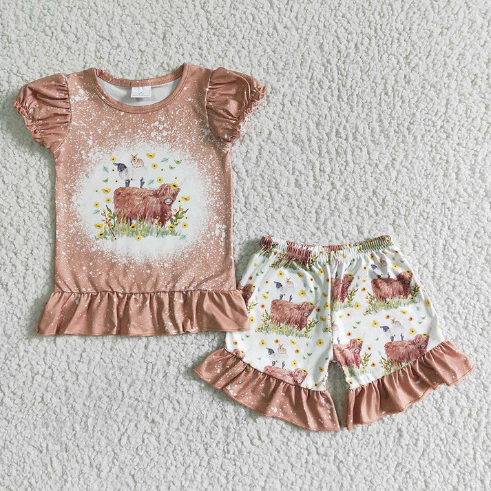 RTS NO MOQ baby girls western cow head short sleeve shorts Sets