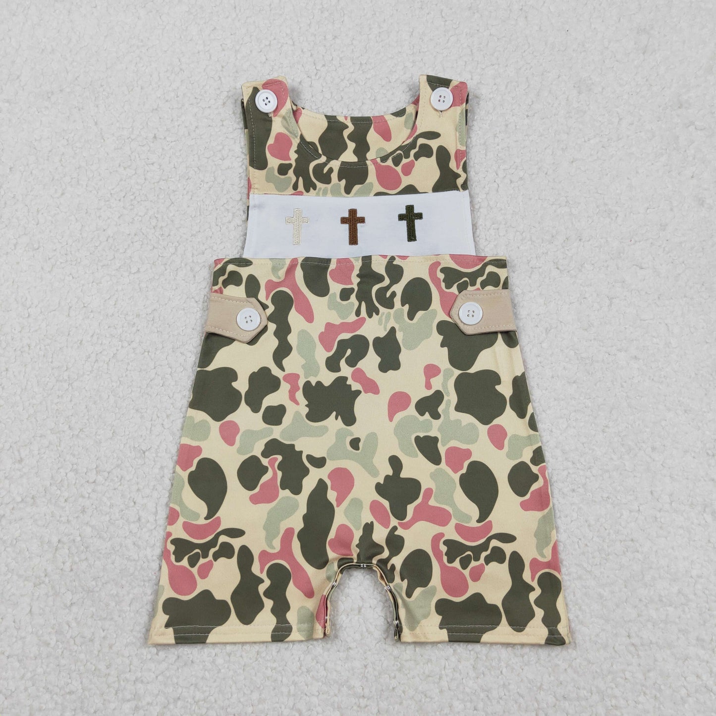 RTS NO MOQ(In Stock) Embroidered Easter Cross Camouflage Short-Sleeve Jumpsuit