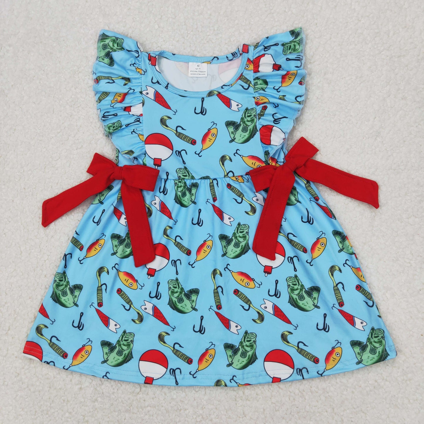 RTS NO MOQ(In Stock ) Fishing float red bow blue lace sleeve dress