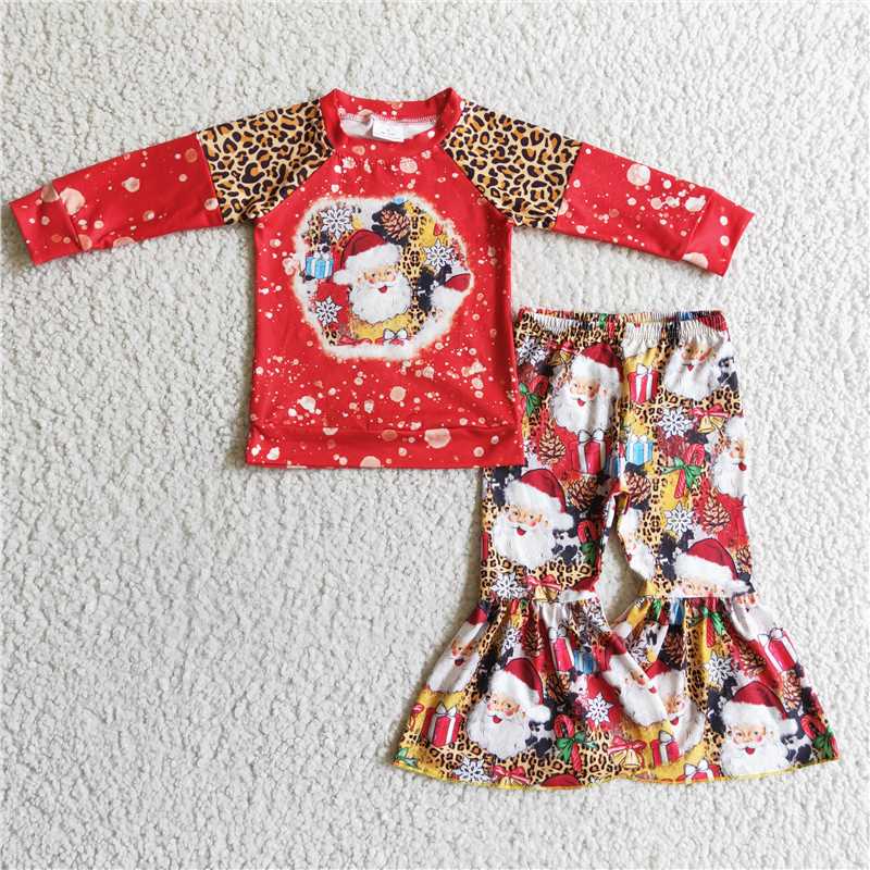 Girls Vintage Santa Leopard Christmas Outfit, Bleached Splatter Raglan + Bell Bottoms