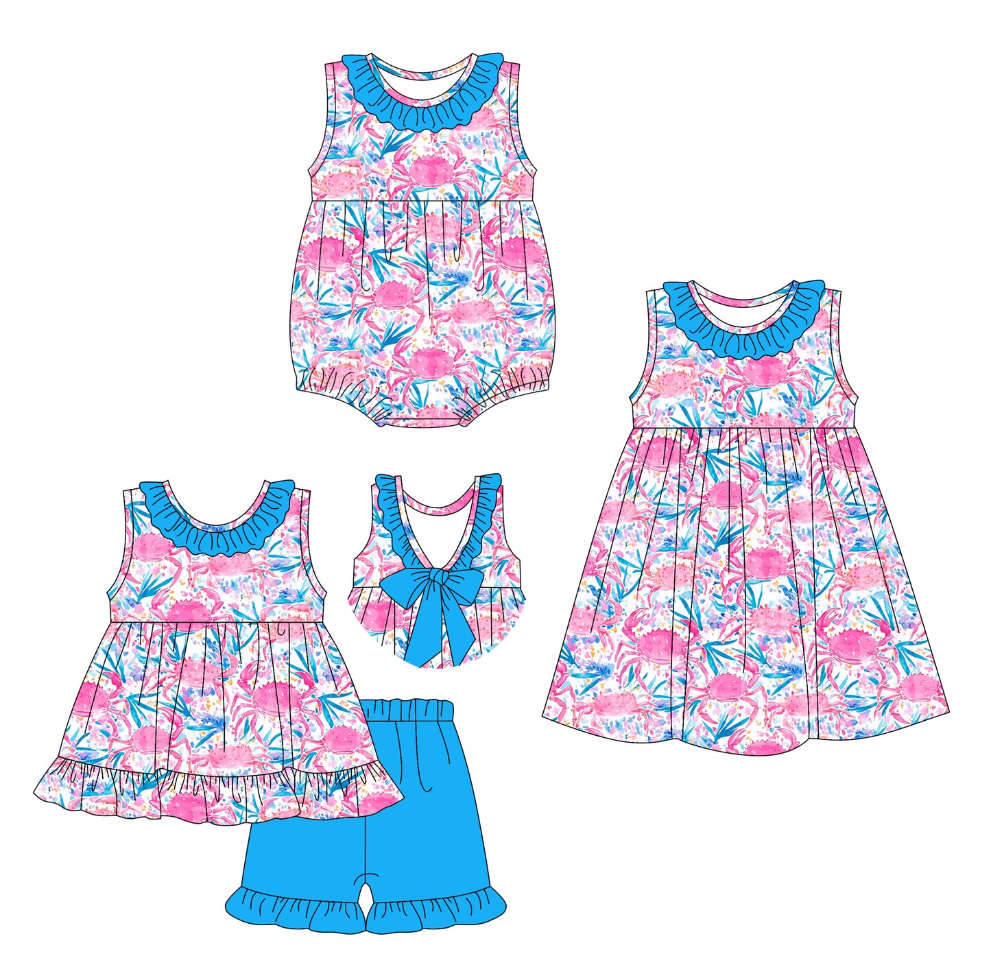 25.12.29 custom each style moq 5 eta 6-8week Sibling Sister crab baby short sleeve shorts sets and romper and dress match design