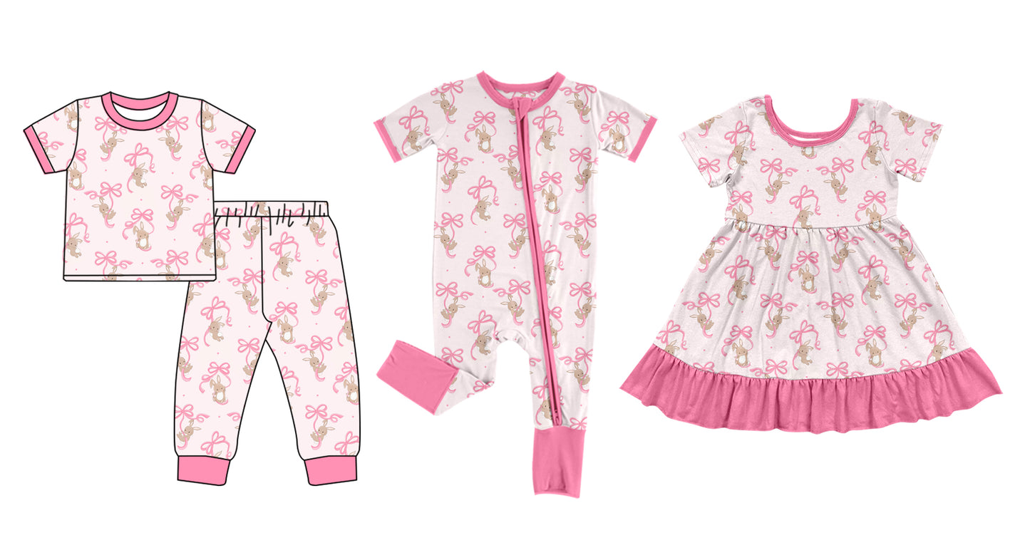 12.10 custom each style moq 5eta 4-6week Sibling Sister easter bow pink baby girl sets and dress and rompers match family design