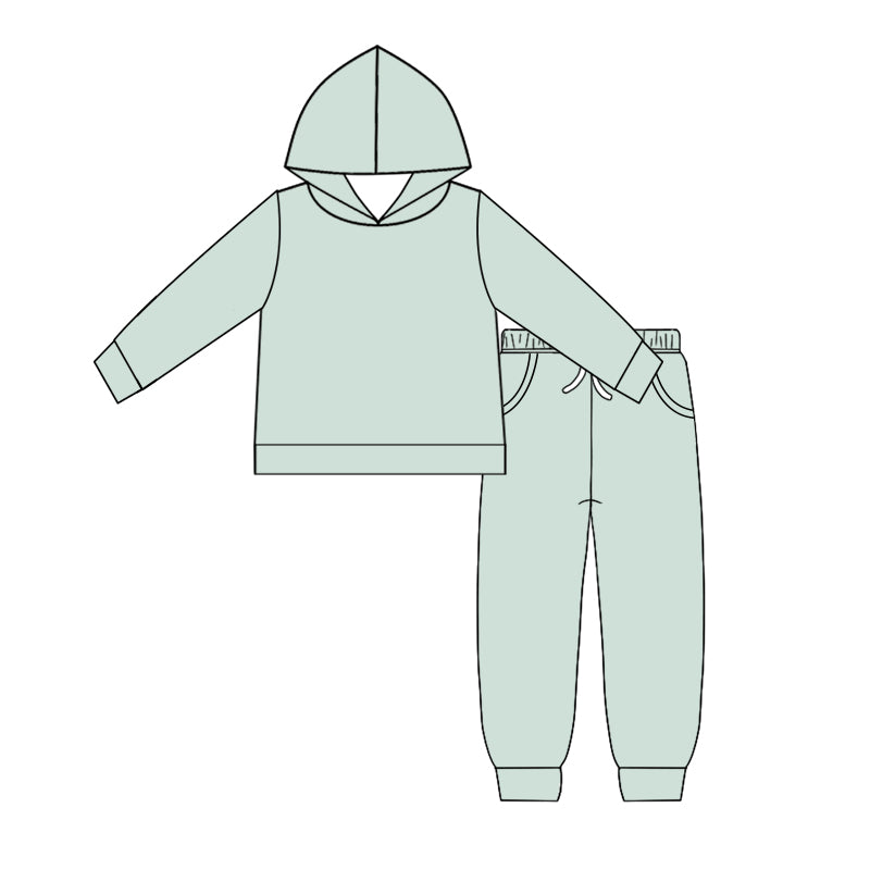 Custom moq 5 Boys blank cotton fabric hoodie joggies Mint green hooded top and trousers set