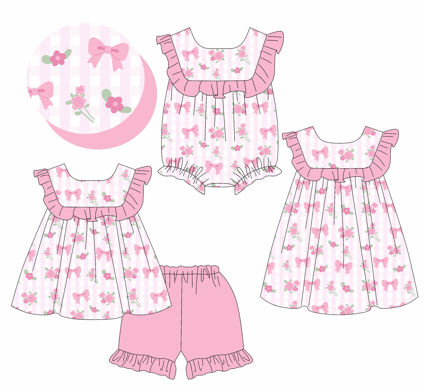25.10.28 custom each style moq 5 eta 6-8week Sibling Sister bow floral baby short sleeve shorts sets and romper and dress match design