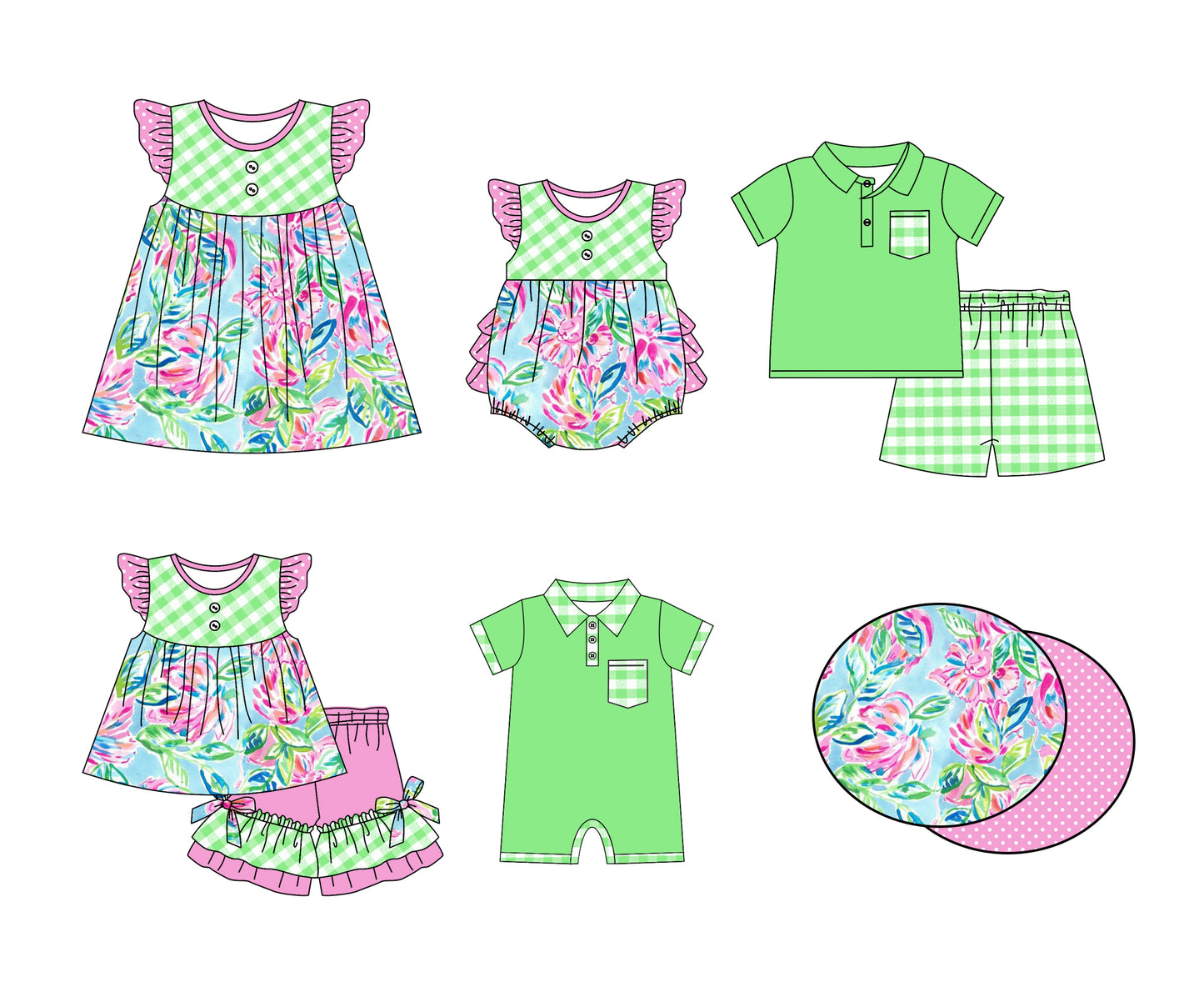 11.9 custom each style moq 5eta 4-6week Sibling Sister pattern baby girl short sleeve shorts sets 1 and sets 2 and girls romper and boy romper and dress match design