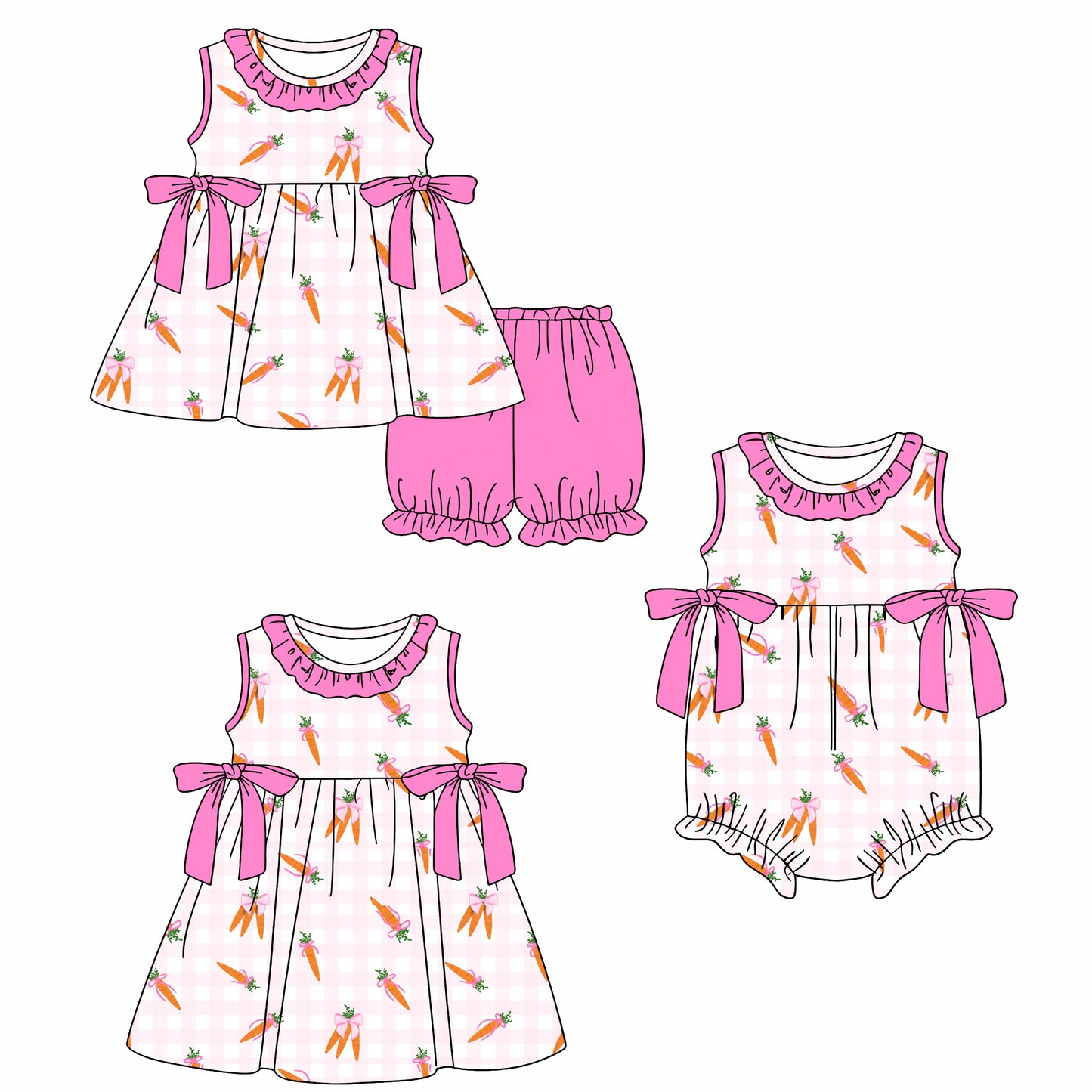 26.1.14 custom each style moq 5 eta 6-8week Sibling Sister carrot baby short sleeve shorts sets and romper and dress match design