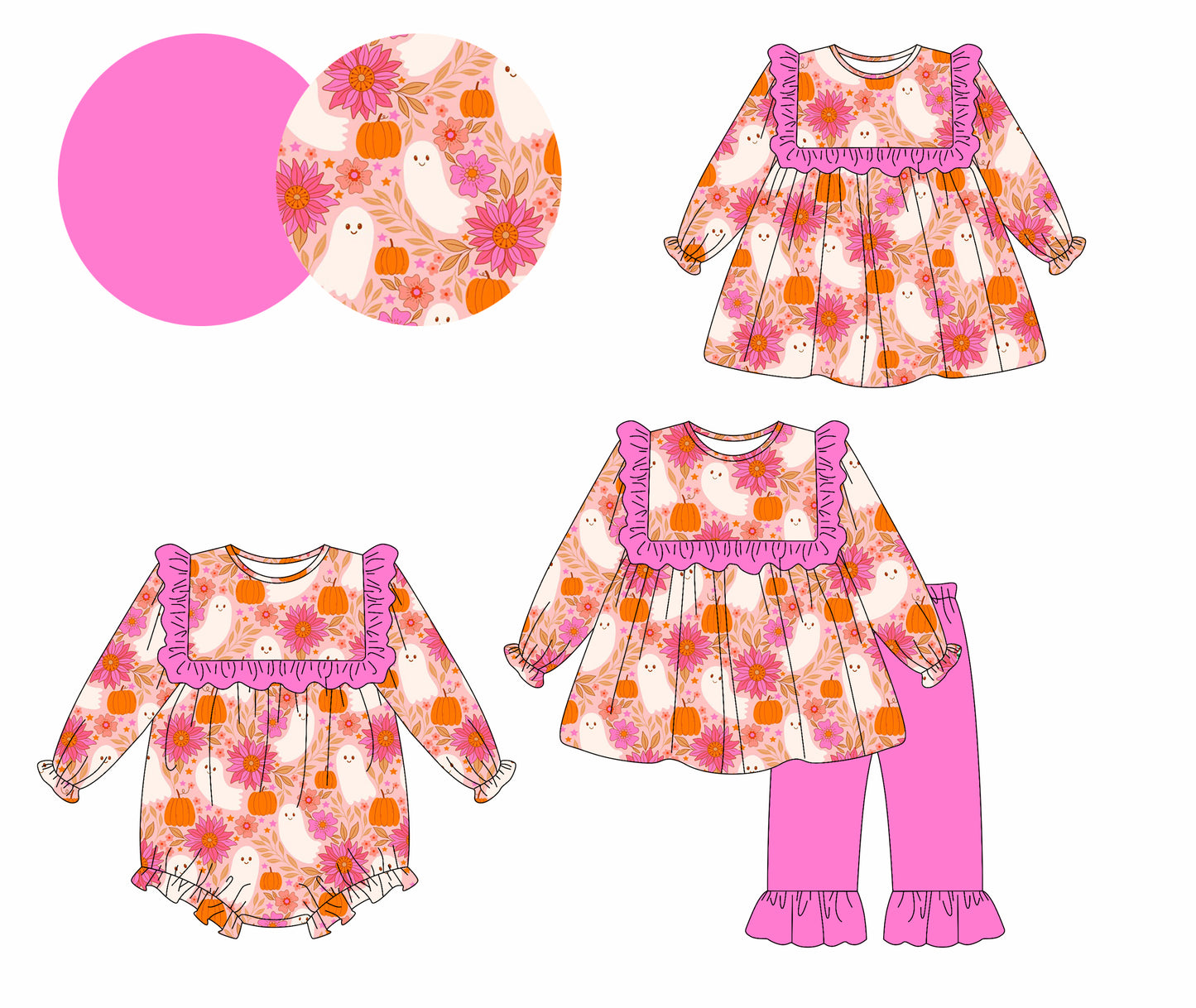 25.5.13 custom each style moq 5eta 4-6week Sibling Sisters ghost floral baby girl long sleeve pants sets and dress and rompers match family design