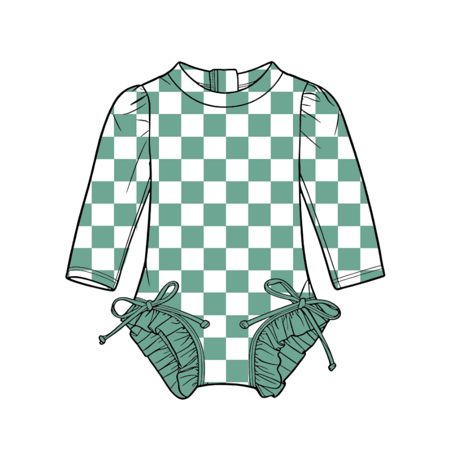 Custom moq 5 mix size milk silk summer teams Baby Girl's Green Plaid Long-Sleeved Onesie Swimsuit