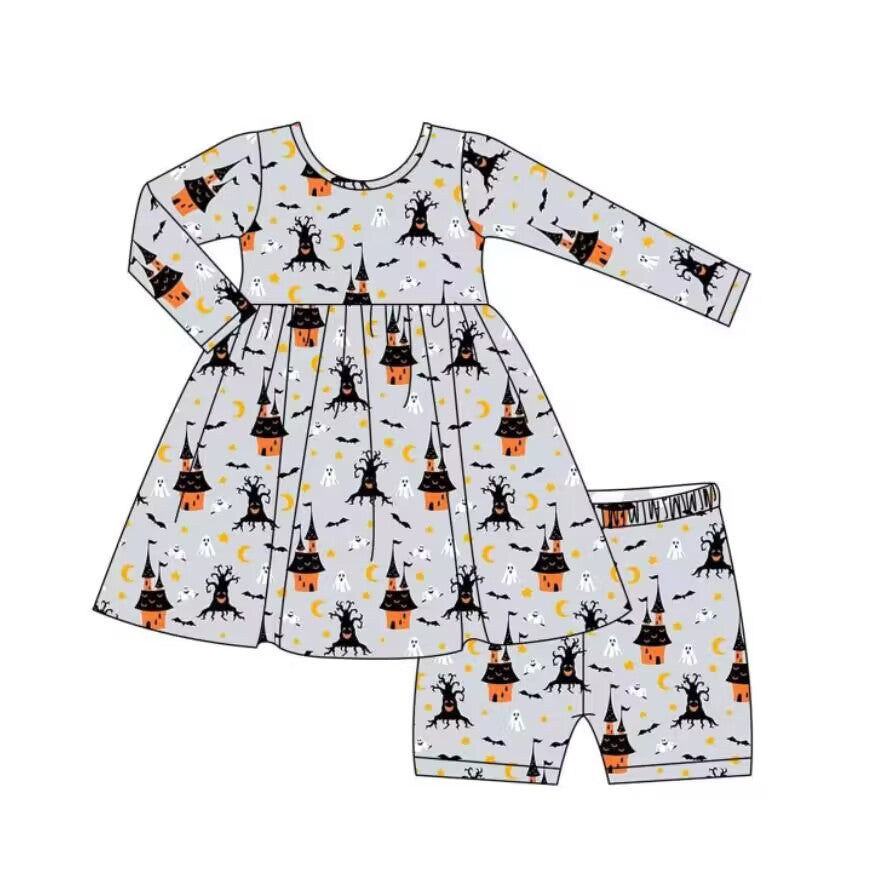 5.9custom each style moq 5eta 4-5week Sibling Sister Halloween Horror Castle prints gray girls and boys outfits and baby rompers match family design