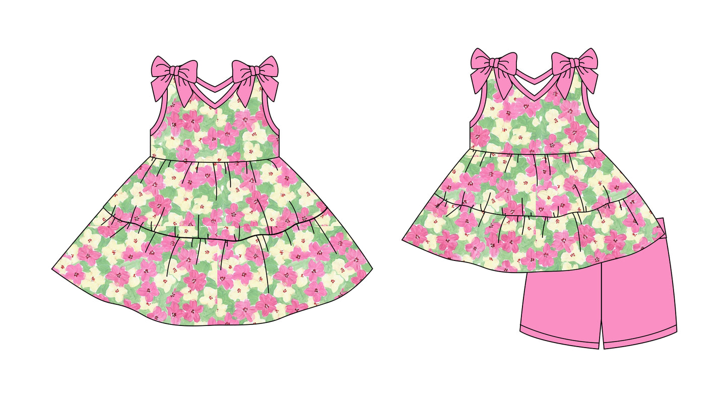 2.28 custom each style moq 5eta 4-6week Sibling Sister floral baby girl short sleeve shorts sets and dresses match design