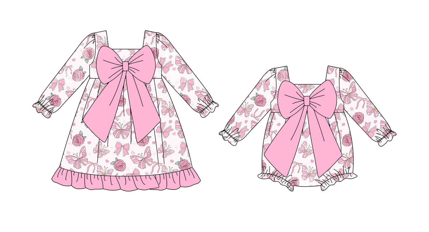 25.9.3 custom each style moq 5eta 4-6week Sibling Sisters love bow floral baby girl long sleeve dress and rompers match family design
