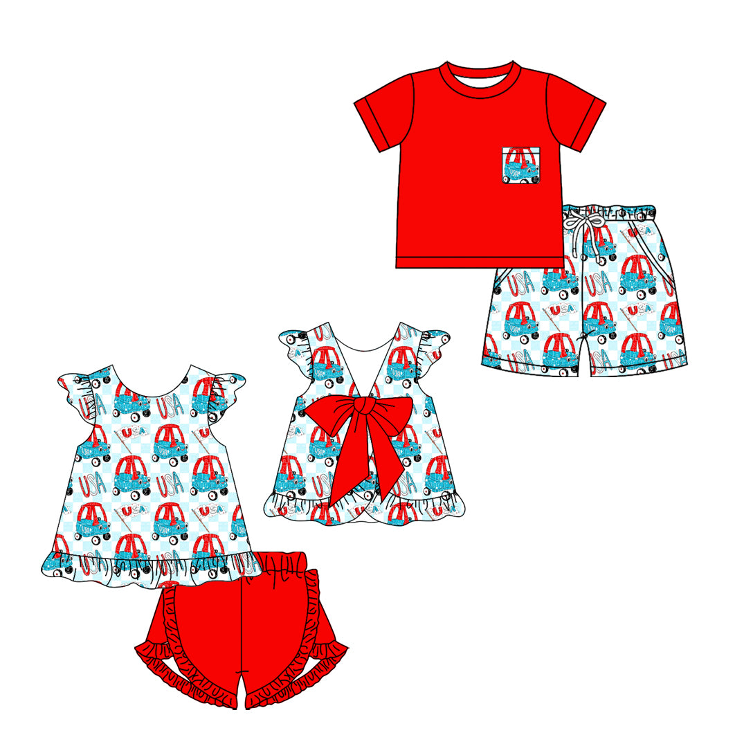 Custom moq 5 mix size Sibling Baby Girl's Plaid Top And Shorts Set with Flutter Sleeves Baby Boy's Matching Outfit 4th of July Set