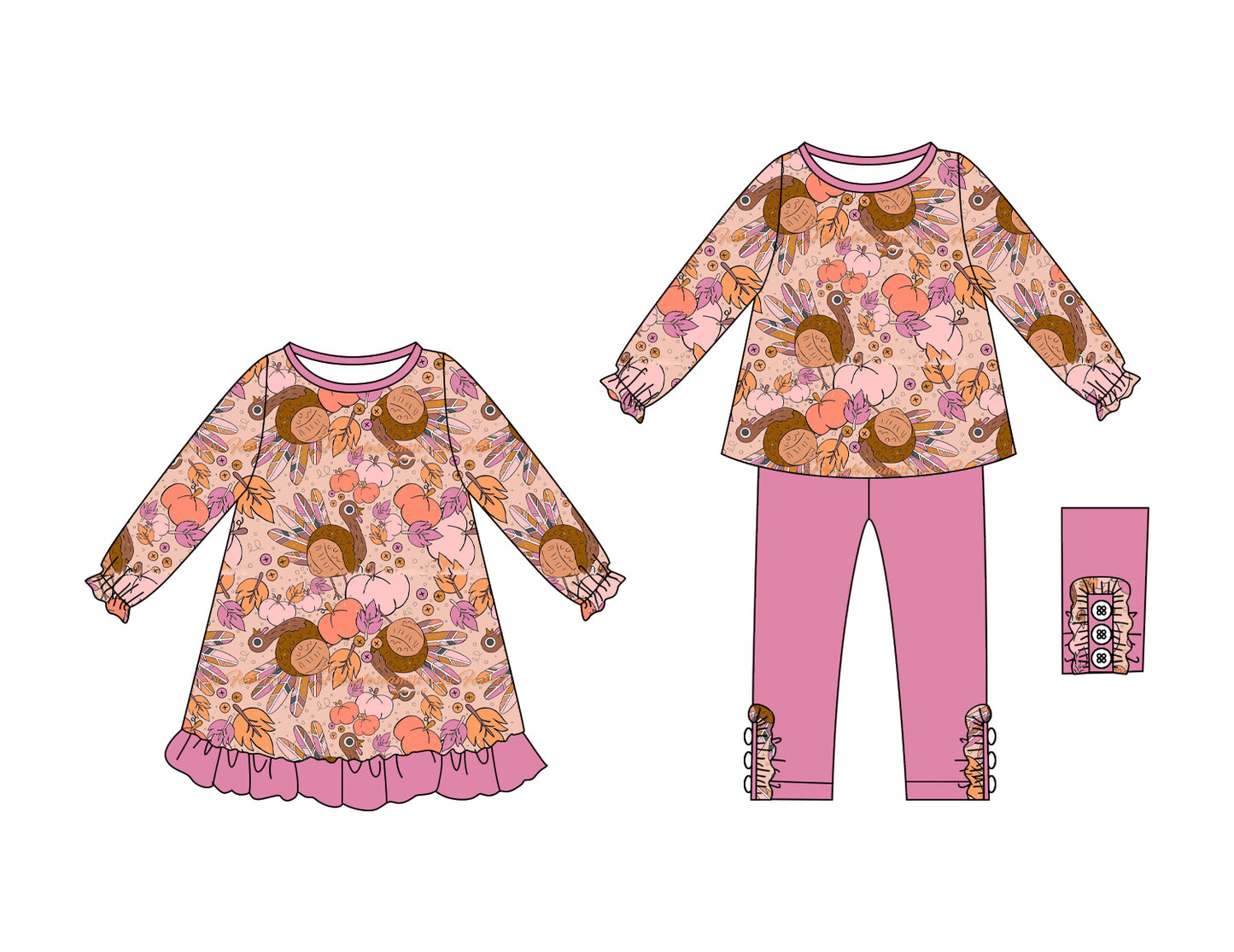 25.6.24 custom each style moq 5eta 4-6week Sibling Sisters turkey pumpkin baby girl long sleeve pants sets and dress match family design