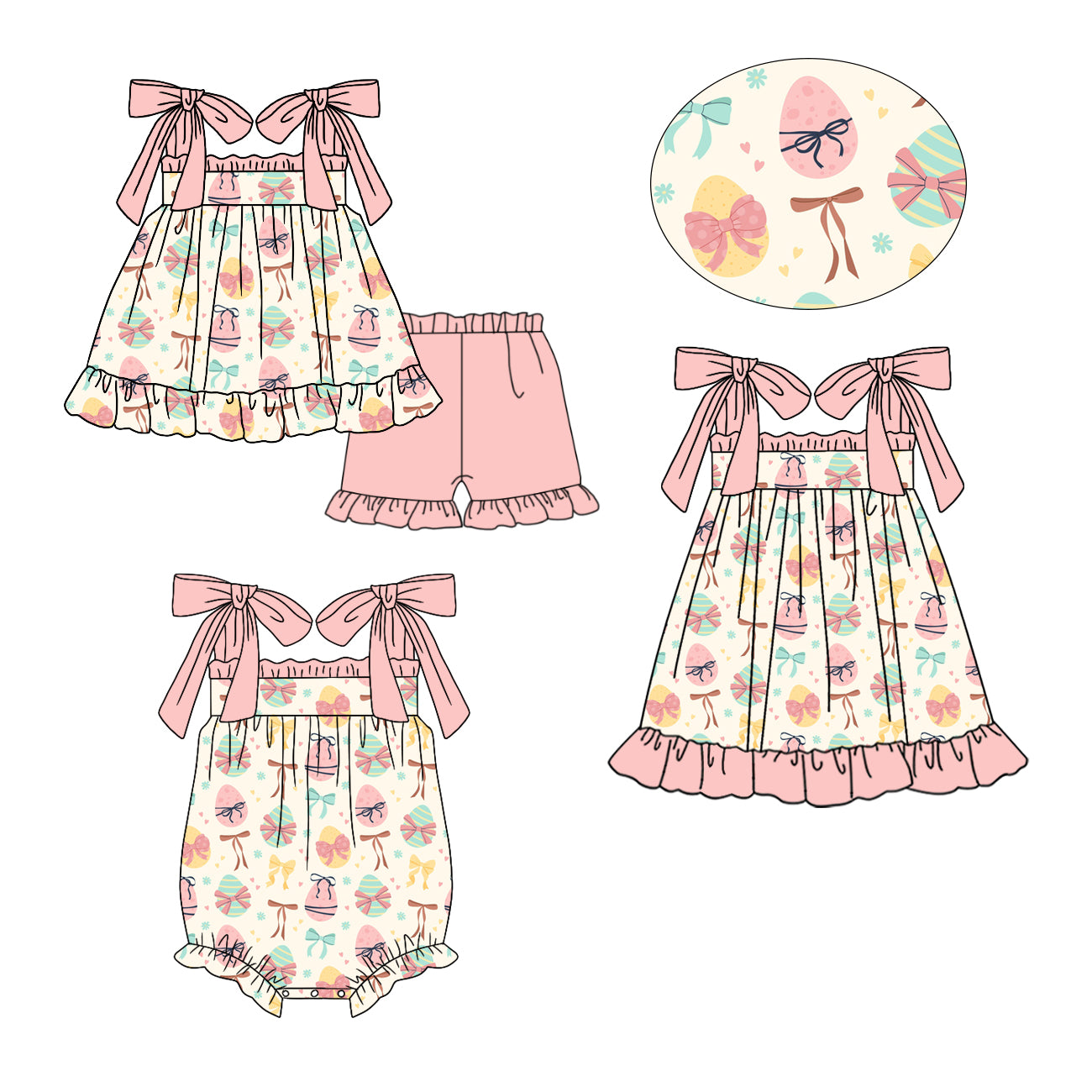 26.1.9 custom each style moq 5 eta 6-8week Sibling Sister bow eggs baby short sleeve shorts sets and romper and dress match design