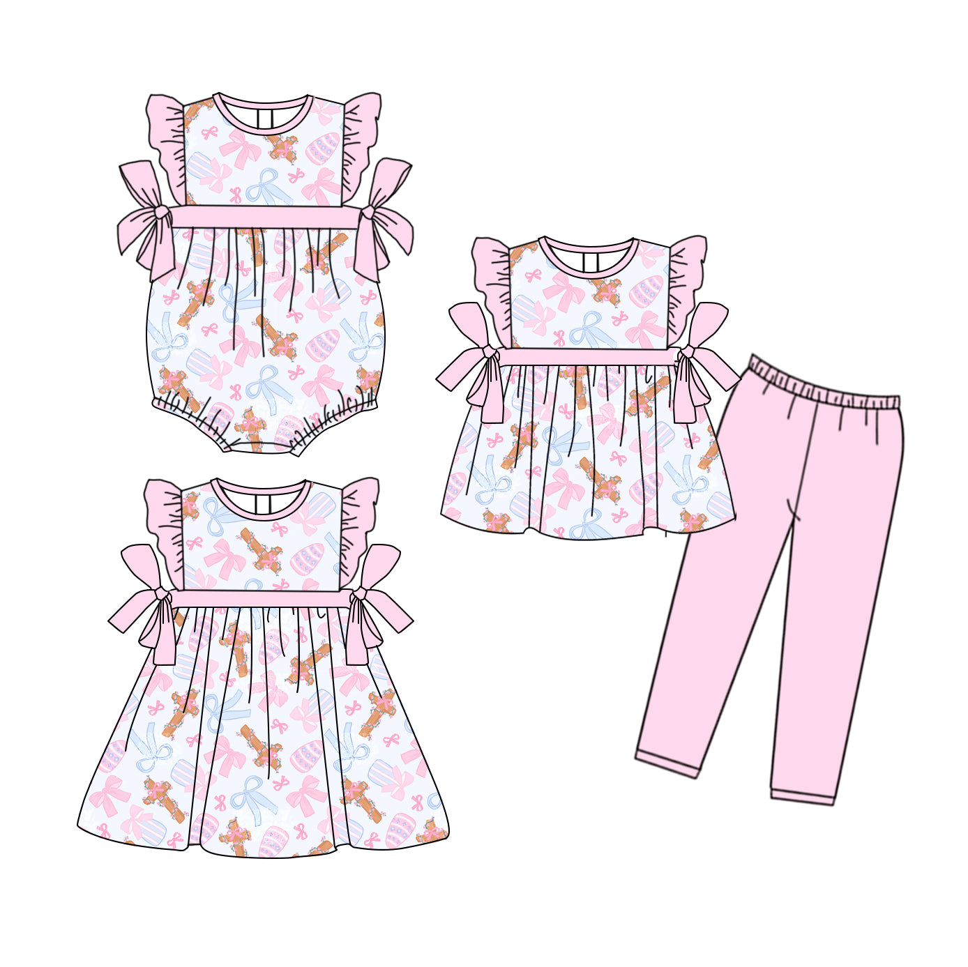 25.9.25 custom each style moq 8 eta 6-8week Sibling Sisters Easter bow baby girl short sleeve pants sets and dress and rompers match family design
