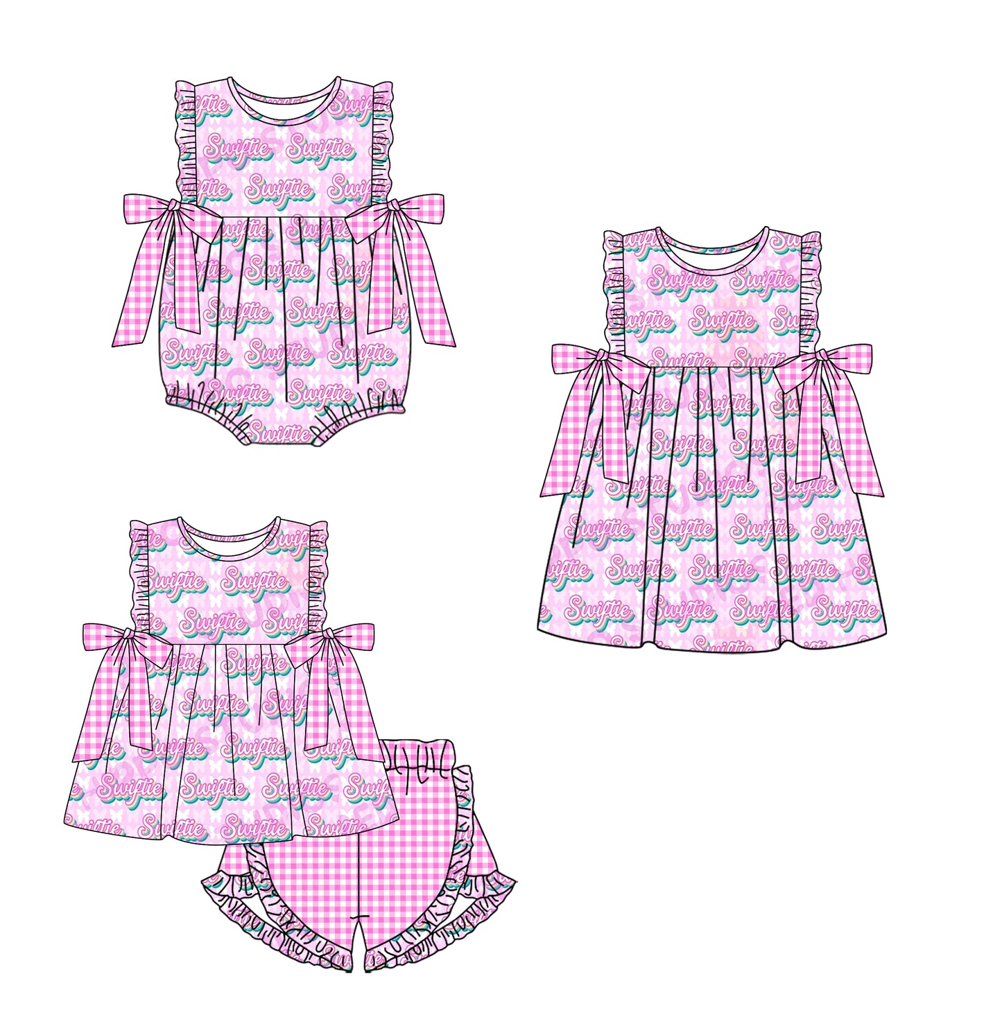 12.6 custom each style moq 5eta 4-6week Sibling Sister swifitie baby girl short sleeve shorts sets and dress and rompers match family design