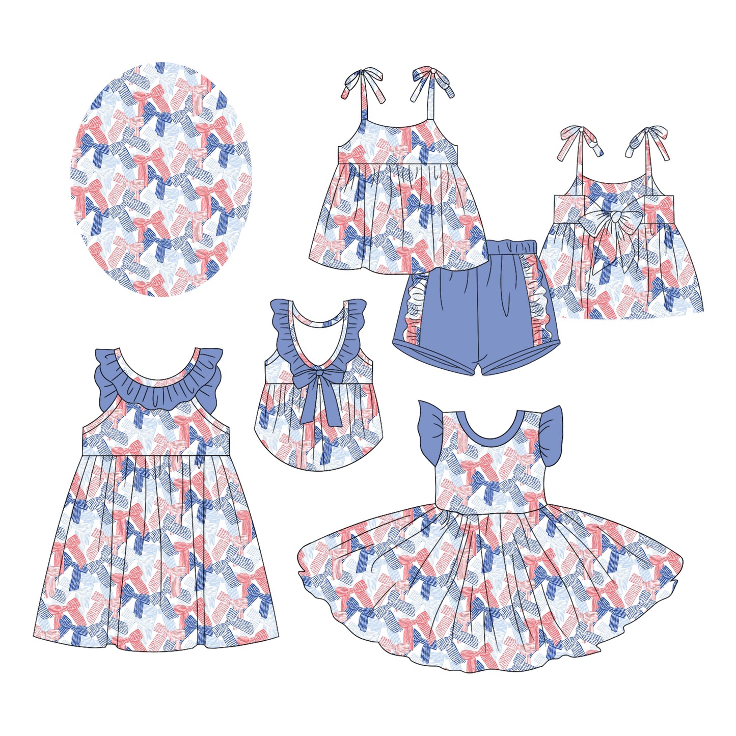 2.18 custom each style moq 5eta 4-6week Sibling Sister bow baby girl short sleeve shorts sets and dress and dress 2 match design