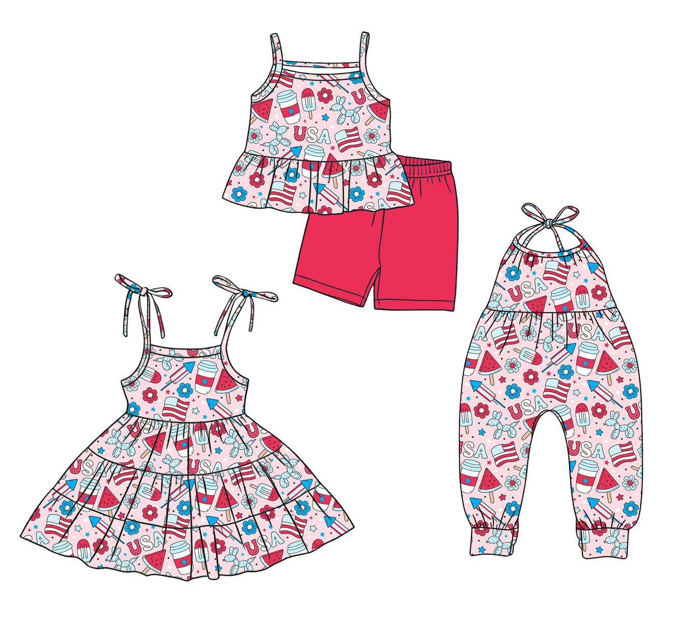 Custom moq 5 mix size Sibling Baby Girl Sleeveless Top And Shorts Set Dress Jumpsuit Comfortable 4th of July Outfit for Summer