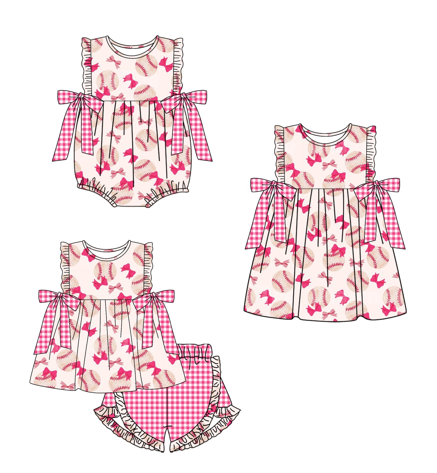 12.3 custom each style moq 5eta 4-6week Sibling Sister baseball bow baby girl short sleeve shorts sets and dress and rompers match family design