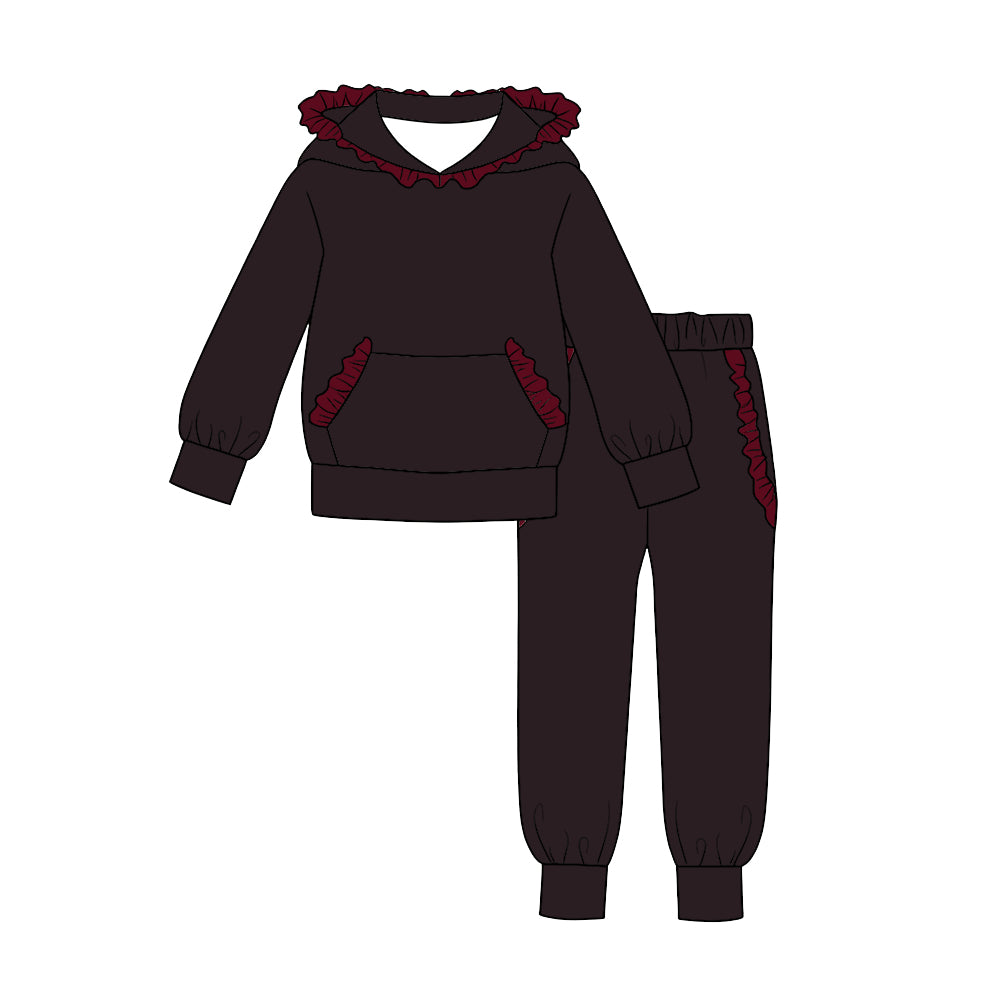custom moq 5 mix size cotton fabric for girls hoodie sets Black and red cotton long-sleeved top and trousers set blank offer custom logo