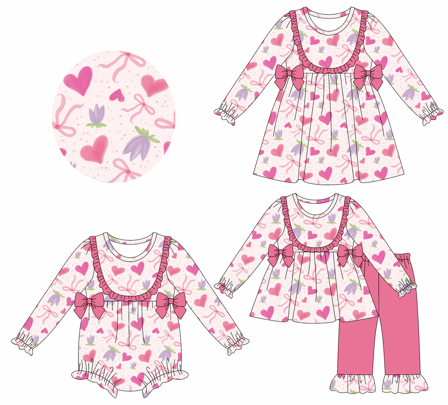 25.7.18 custom each style moq 5eta 4-6week Sibling Sisters bow love pink baby girl long sleeve pants sets and dress and rompers match family design