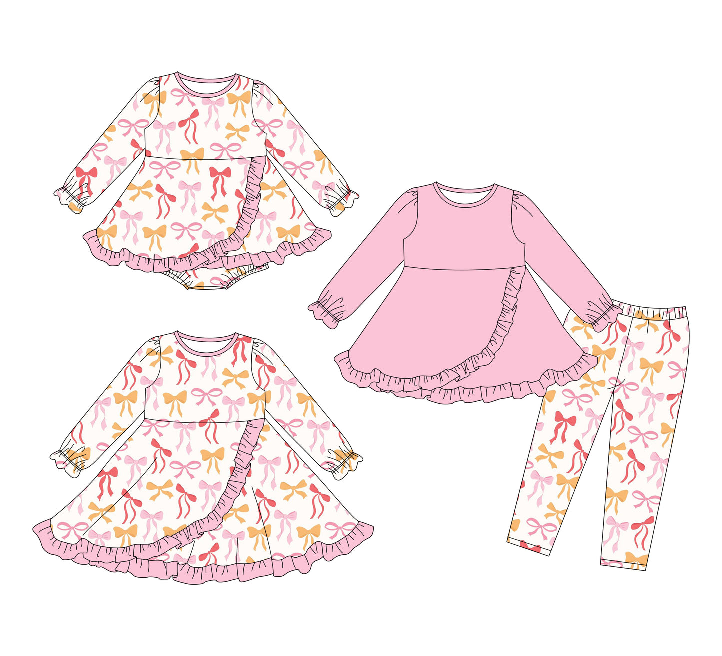 25.11.12 custom each style moq 5 eta 6-8week Sibling Sisters bow pink baby girl long sleeve pants sets and dress and rompers match family design
