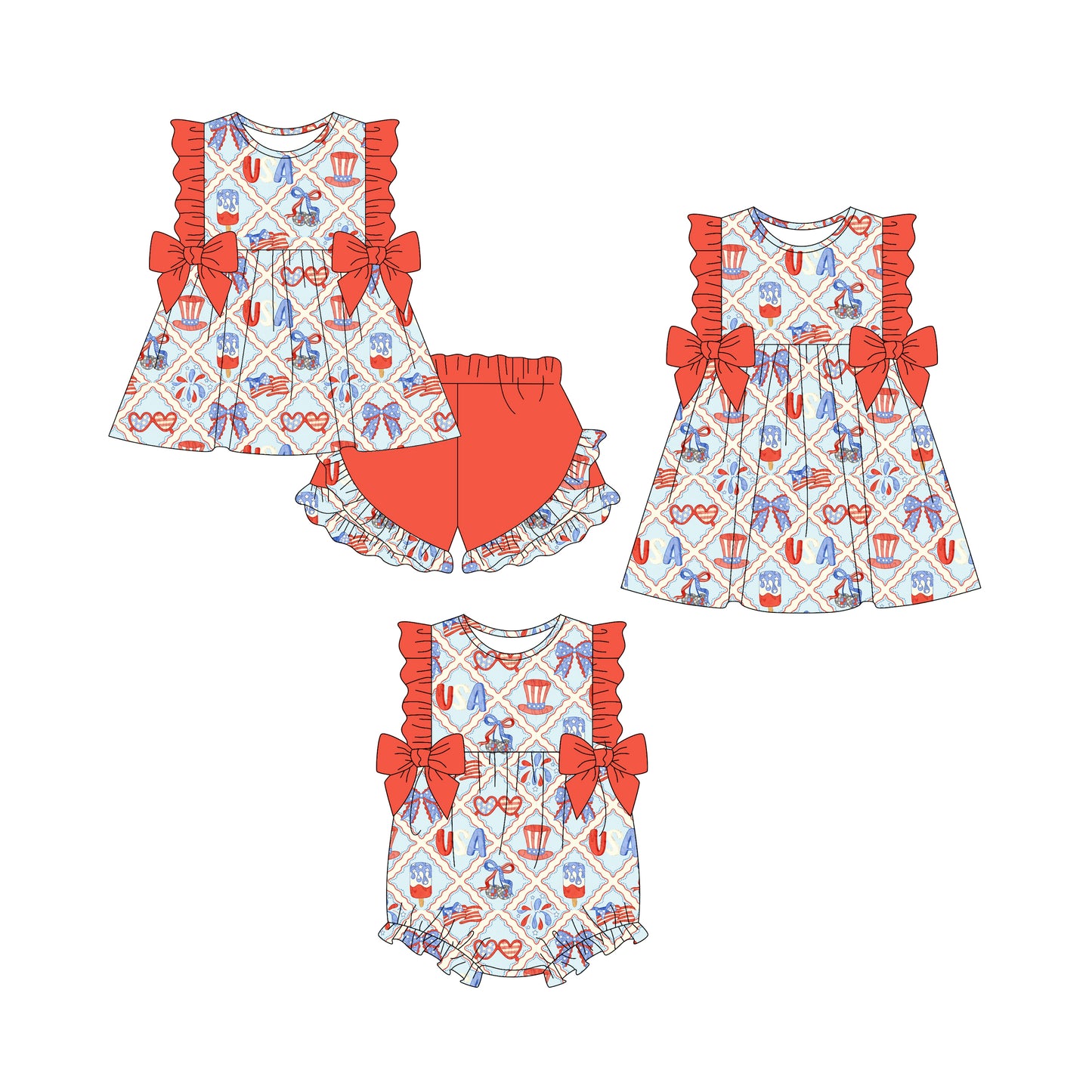 25.12.20 custom each style moq 5 eta 6-8week Sibling Sister bow baby short sleeve shorts sets and romper and dress match design