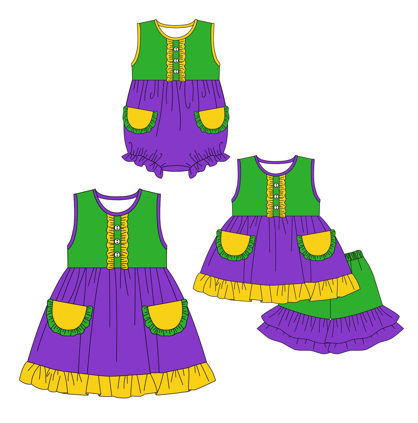 12.14 custom each style moq 5eta 4-6week Sibling Sister green and purple baby girl short sleeve shorts sets and dress and rompers match family design