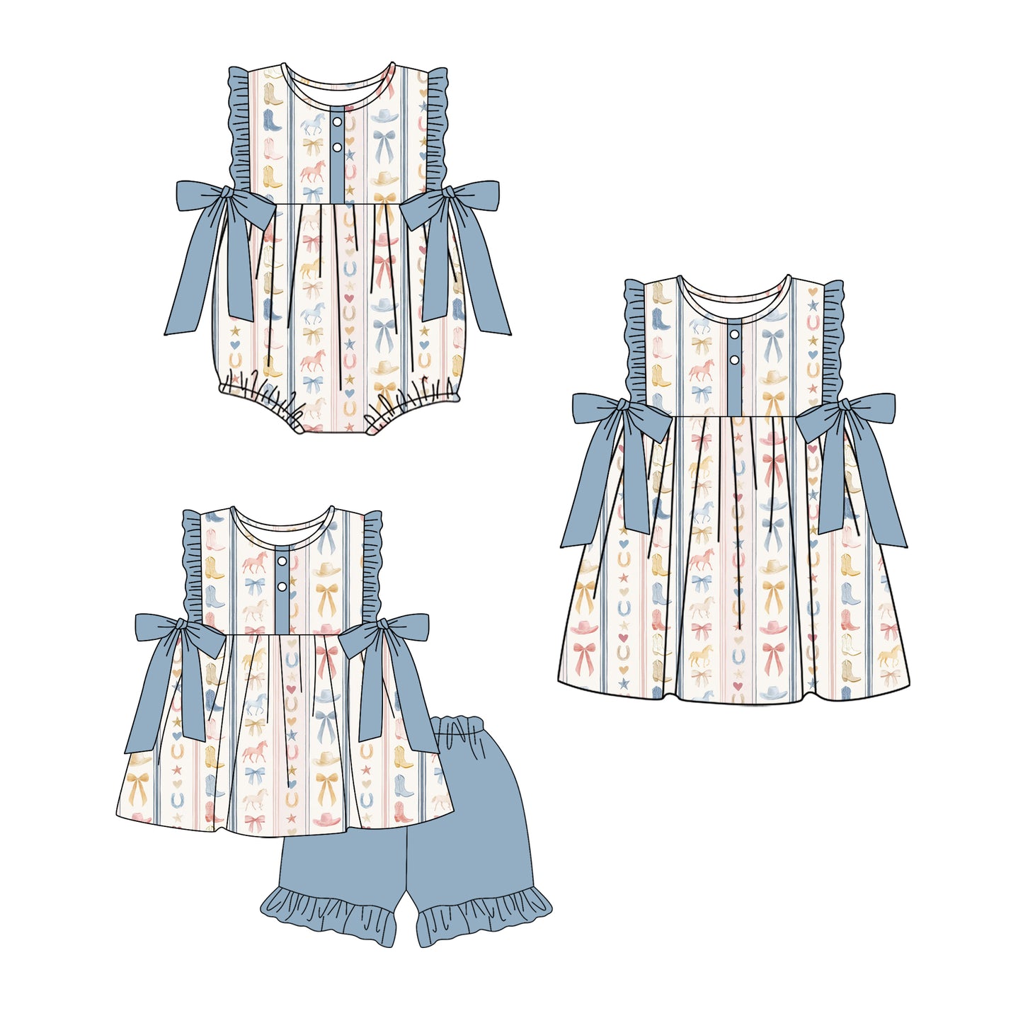 3.6 Custom moq 5 mix size Sibling Baby Girl's Bow Sleeveless Top With Bow And Blue Short Set Matching Romper Dress for Summer