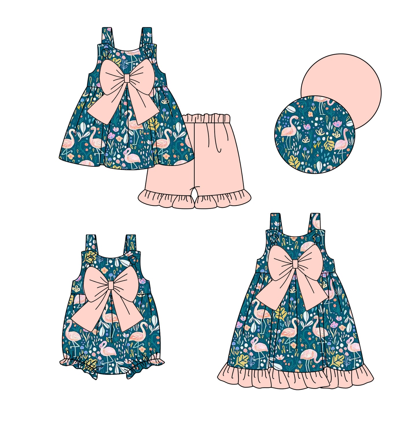 3.24 custom each style moq 5eta 4-6week Sibling Sisters floral baby girl short sleeve shorts sets and dress and rompers match family design