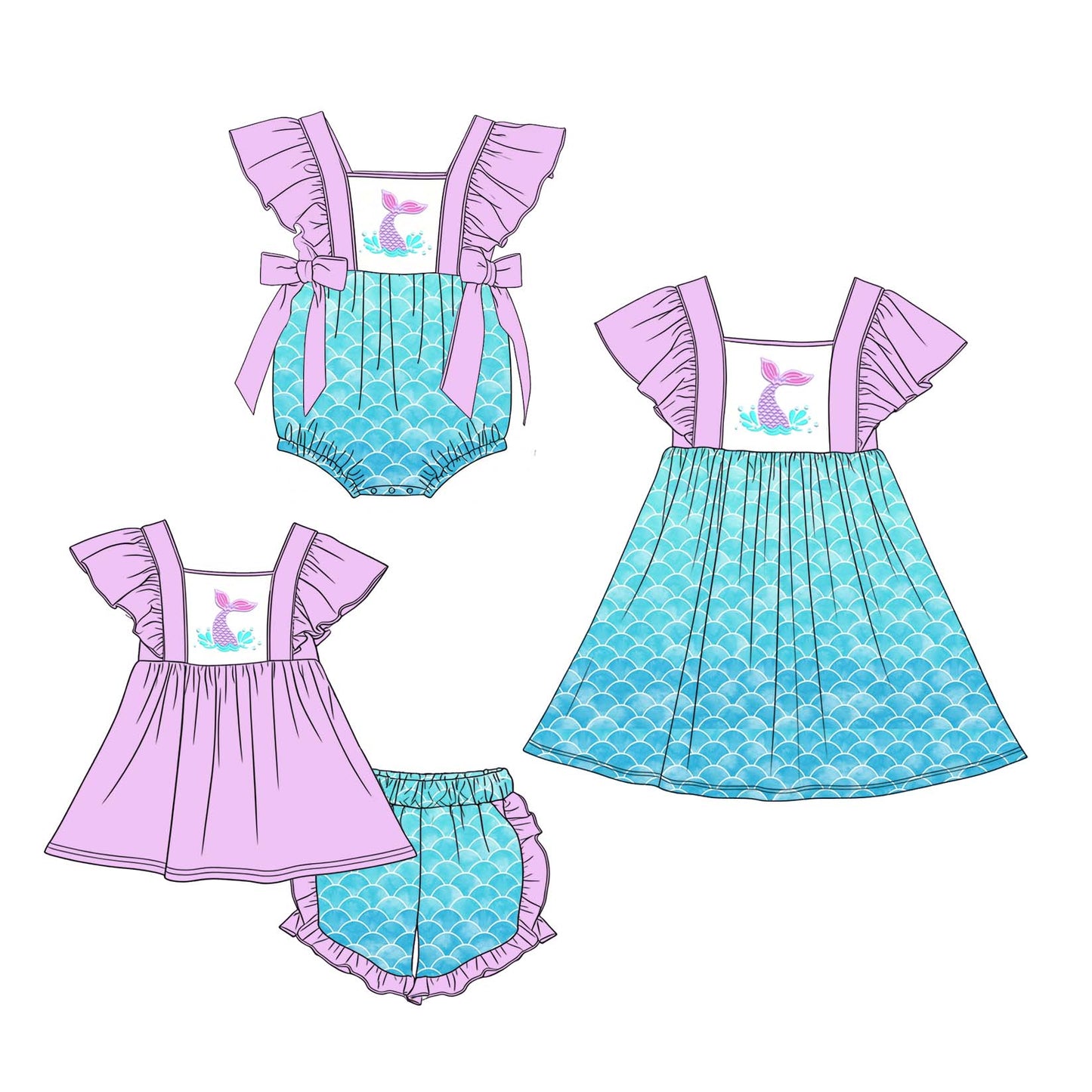 3.4 Custom moq 5 mix size Sibling Baby Girl's Purple Top And Shorts Set Cute Romper Dress for Summer