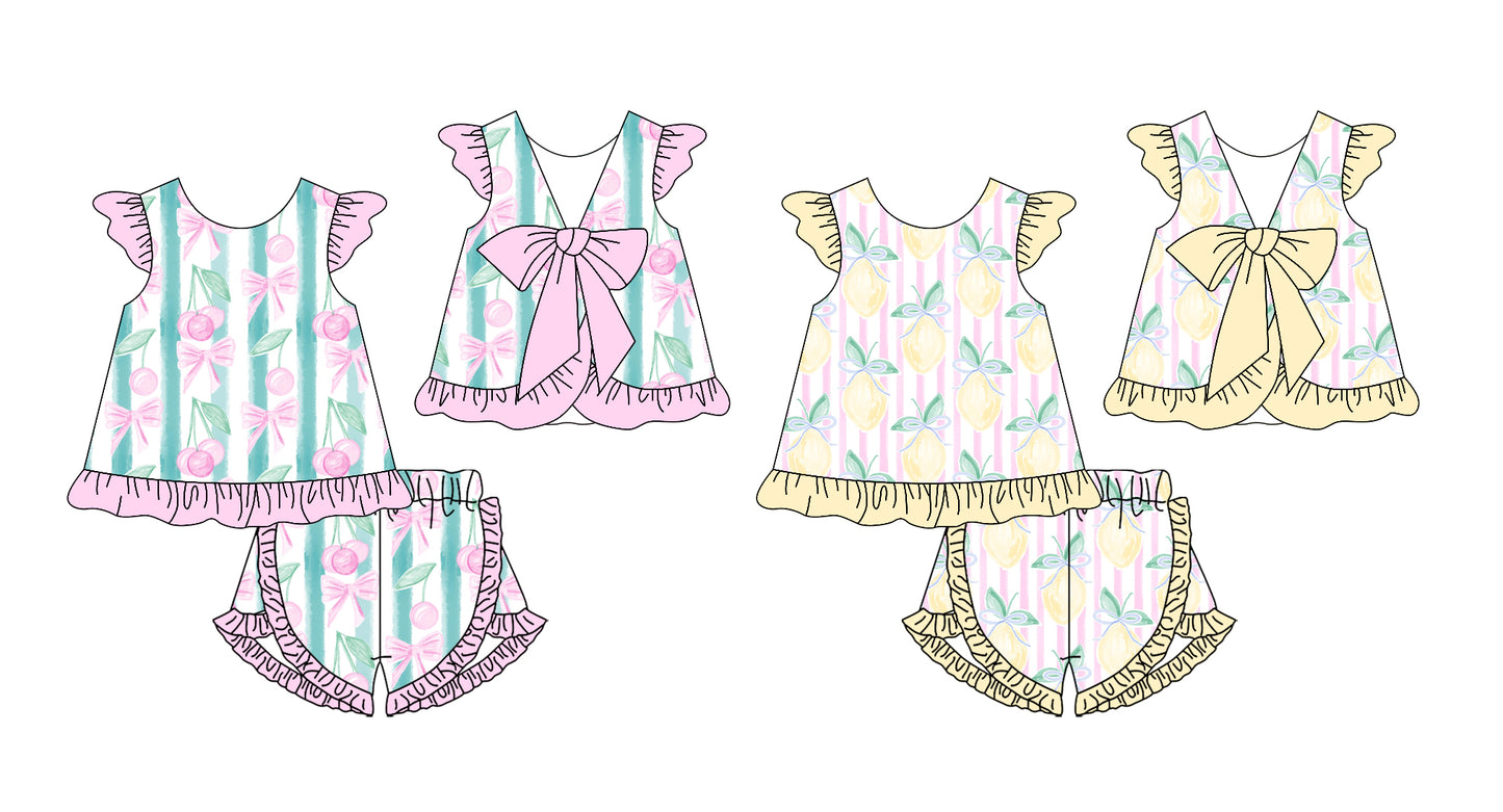 12.25 custom each style moq 5eta 4-6week Sibling Sister fruit bow baby girls short sleeve shorts sets 1 and sets 2 match design
