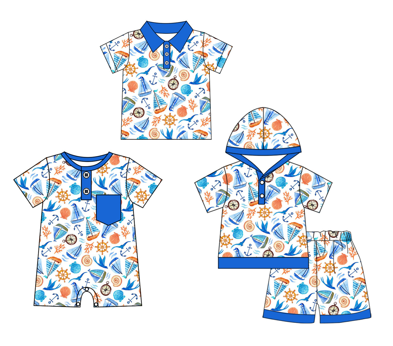 12.2 custom each style moq 5eta 4-6week Sibling Sister boat baby boy short sleeve shorts sets and boy romper and top match design