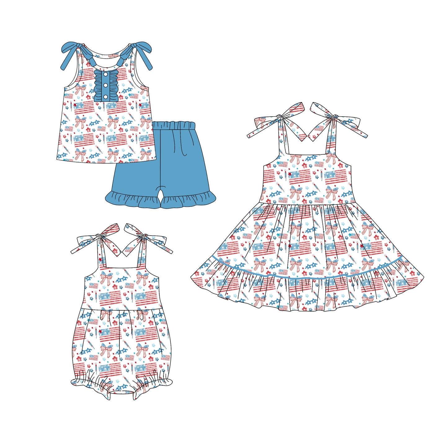 Custom moq 5 mix size Sibling Baby Girl's blue 4th of July sleeveless Top And Shorts Set Cute Romper Dress for Summer