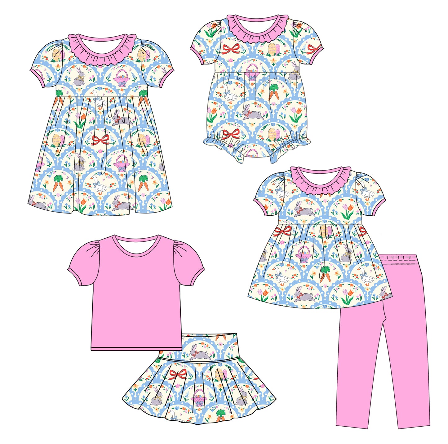 25.10.9 custom each style moq 8 eta 6-8week Sibling Sisters easter bunny floral baby girl short sleeve pants sets and skirts sets and dress and rompers match family design