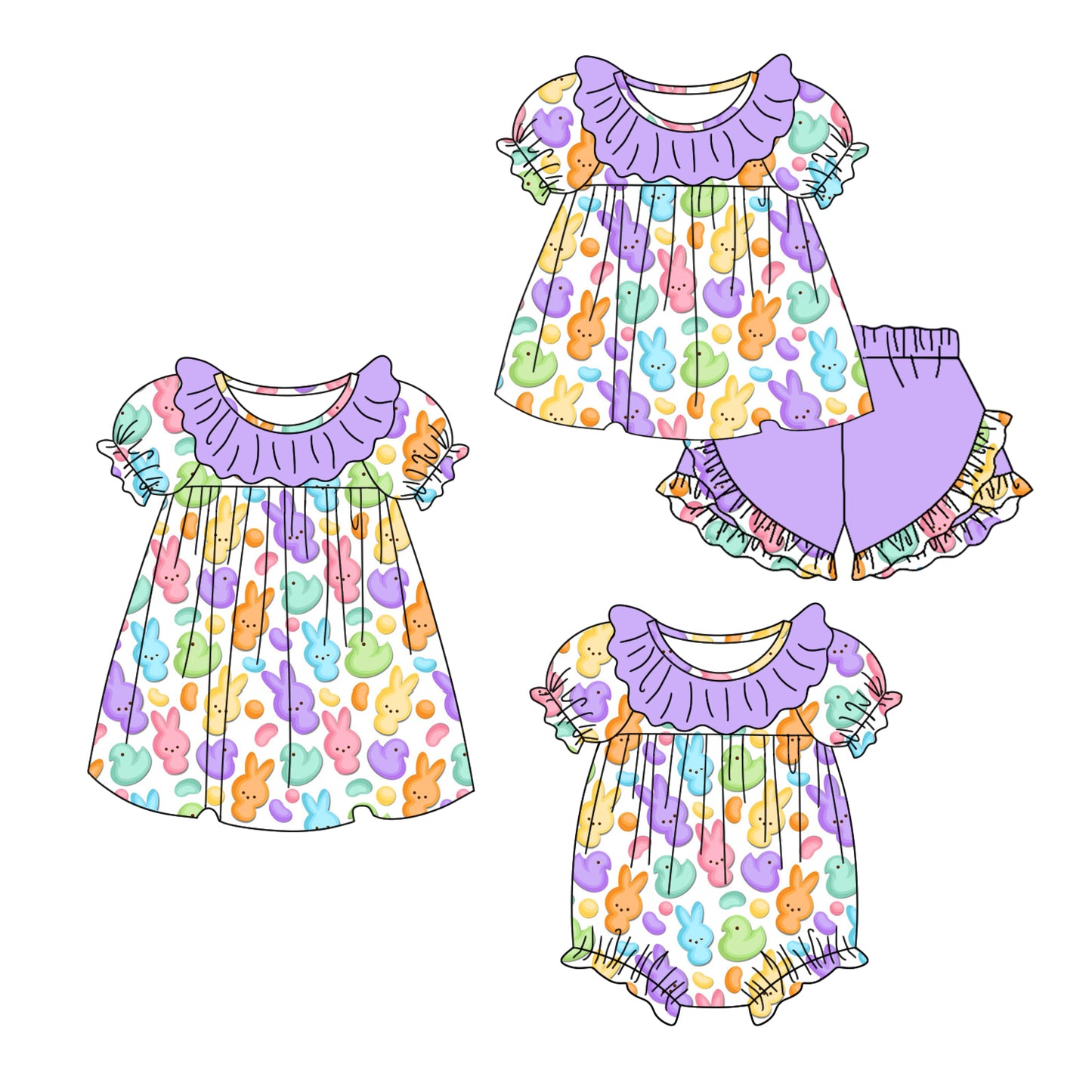 11.6 custom each style moq 5eta 4-6week Sibling Sister easter colorful bunny baby girl short sleeve shorts sets and dress and rompers match family design