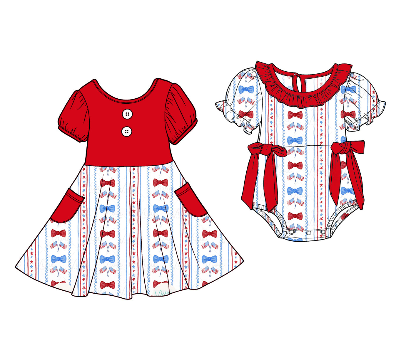 Custom moq 5 mix size Sibling Baby Girl's Red 4th of July Short-Sleeved Dress with Pockets And Bow Detail Romper for Little Girls Cute Outfit