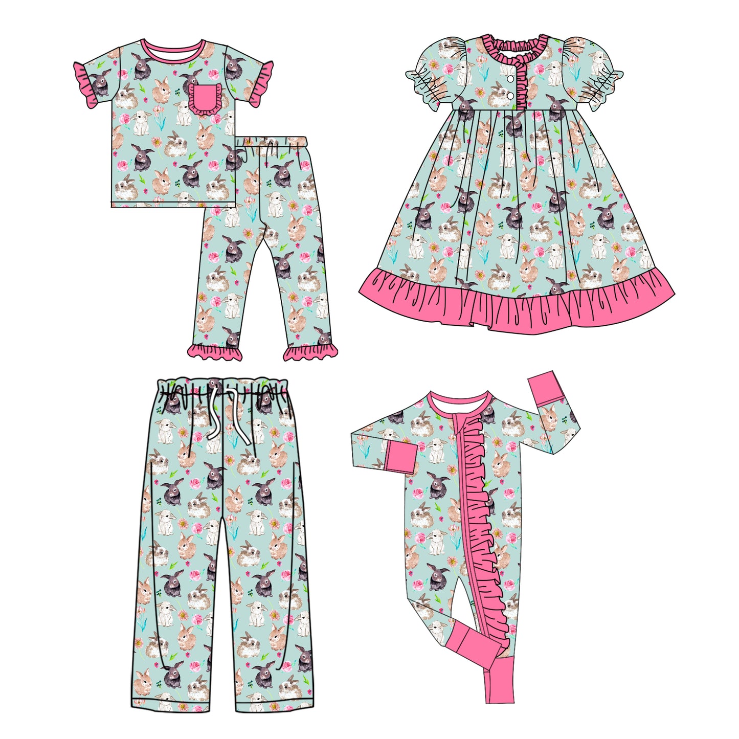25.9.23 custom each style moq 8 eta 6-8week Sibling Sister bunny baby short sleeve pants sets and romper and dress and adult pants match design