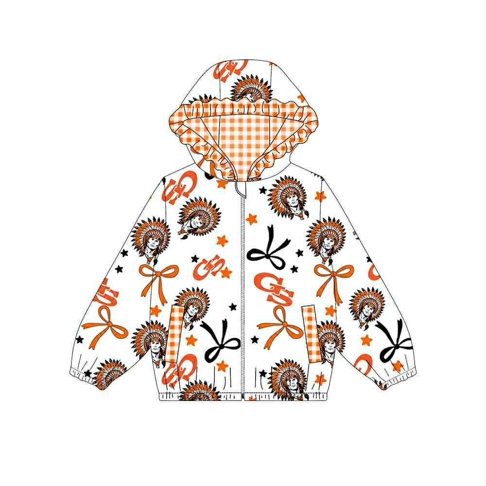 Custom moq 5 mix size milk silk summer teams baby girls clothes lace bow orange hooded long sleeve top-25.9.6