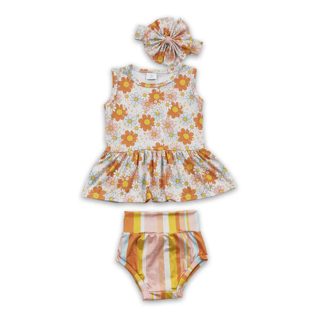 RTS NO MOQ Sibling Baby Girls Flowers Print Stripe Bummie Clothes Sets