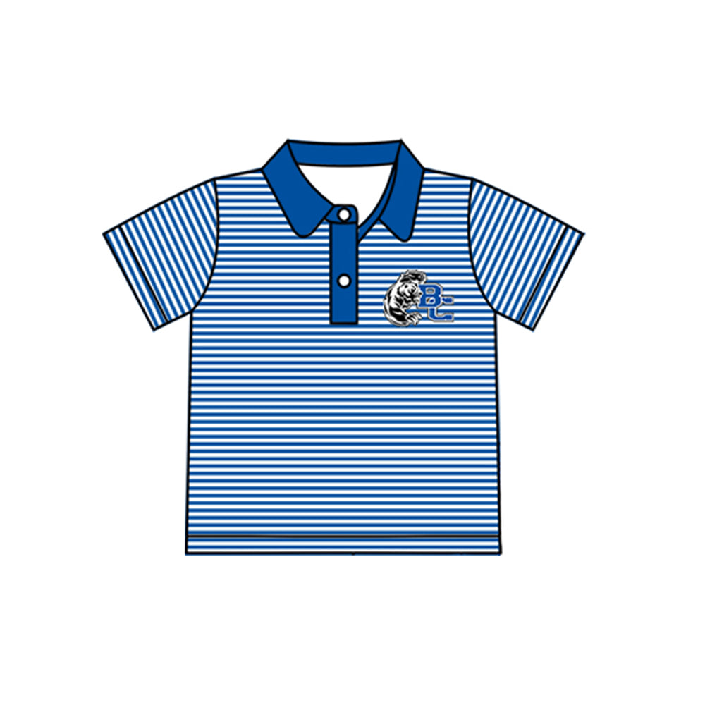 Deadline July 25custom no moq eta 6-7weeks Blue striped short-sleeved top with striped positioning