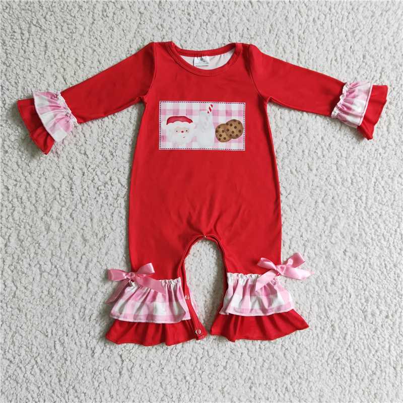 Toddler & Baby Girls Santa Milk Cookies Pink Gingham Christmas Collection - Ruffle Sleeve Pant Set & Baby Ruffle Bow Romper