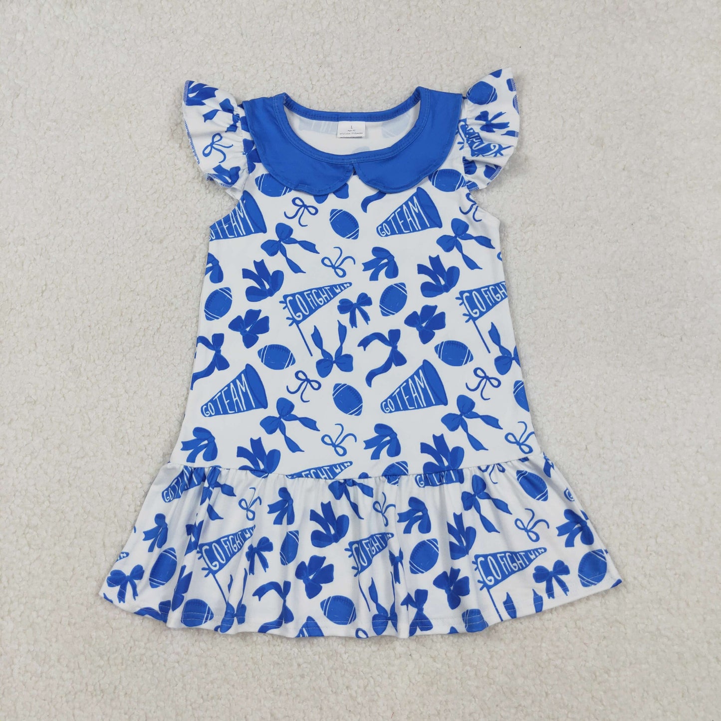 RTS NO MOQ(In Stock) GSD2782 Blue dress with football flared bow pattern and baby doll collar and flying sleeves