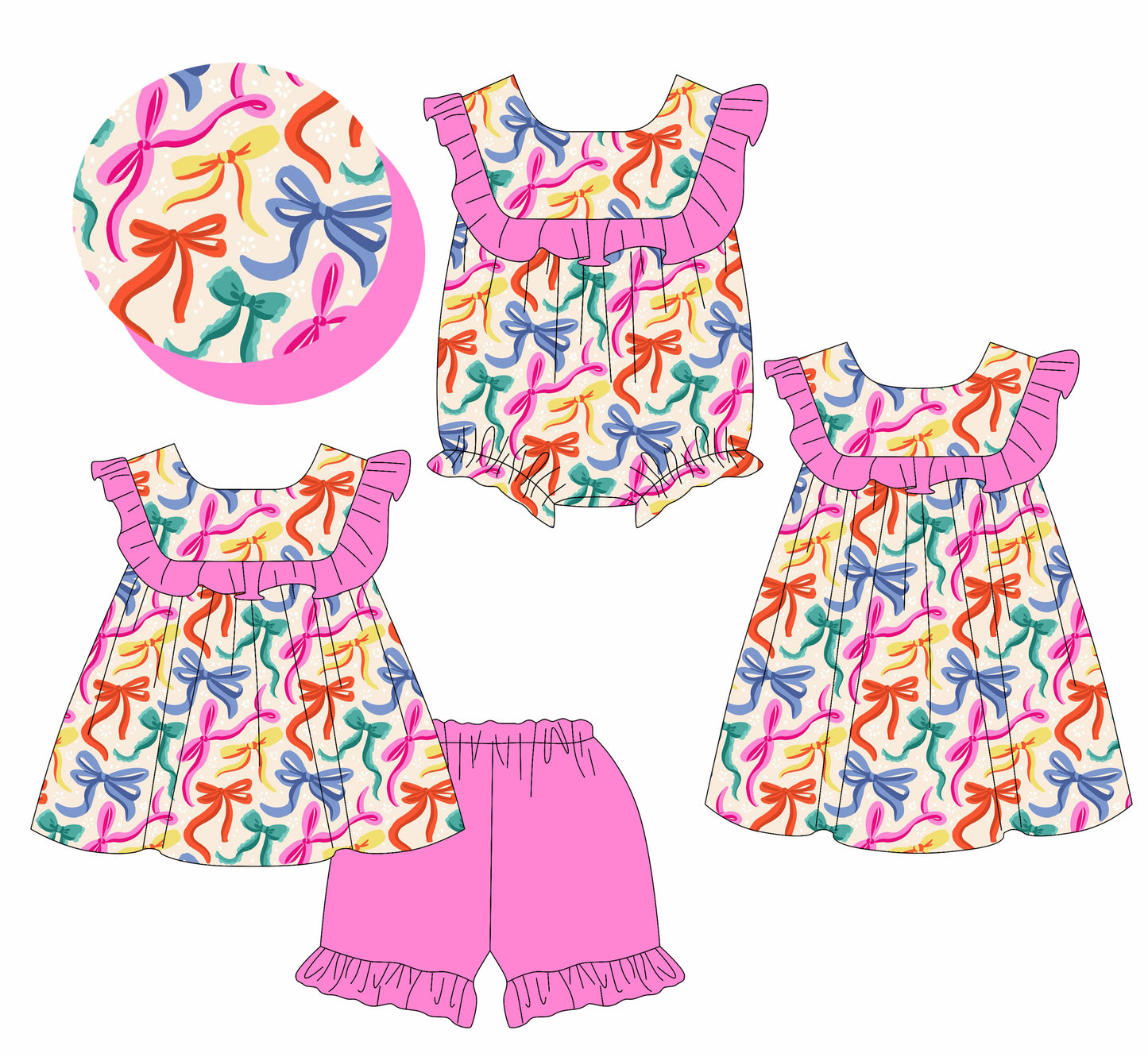 25.10.28 custom each style moq 5 eta 6-8week Sibling Sister bow baby short sleeve shorts sets and romper and dress match design